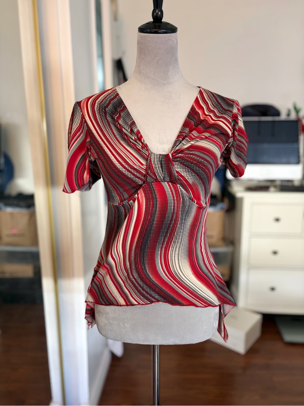 Women's Red Multi-Stripe V-Neck Twist Front Top